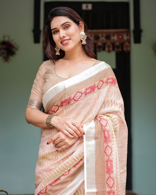 Beige Linen Cotton Saree with Geometric Print & Red Border