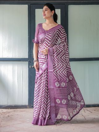 Plum Chevron Printed Linen Cotton Saree with Floral Pallu