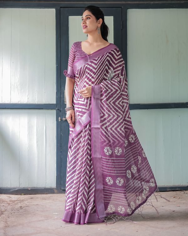 Plum Chevron Printed Linen Cotton Saree with Floral Pallu