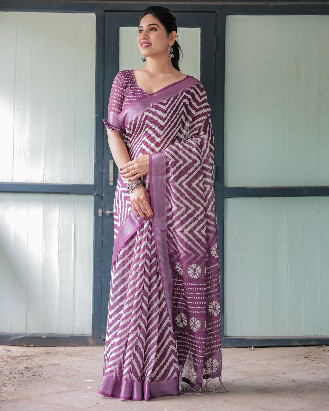 Plum Chevron Printed Linen Cotton Saree with Floral Pallu