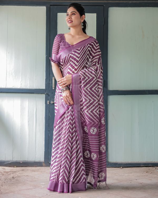 Plum Chevron Printed Linen Cotton Saree with Floral Pallu