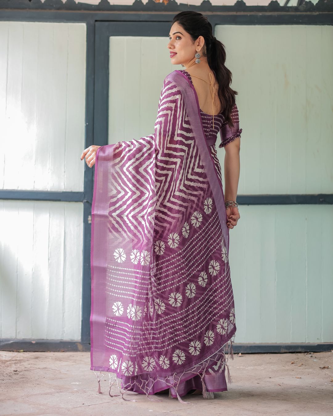 Plum Chevron Printed Linen Cotton Saree with Floral Pallu