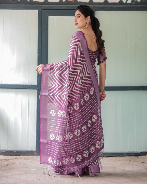 Plum Chevron Printed Linen Cotton Saree with Floral Pallu
