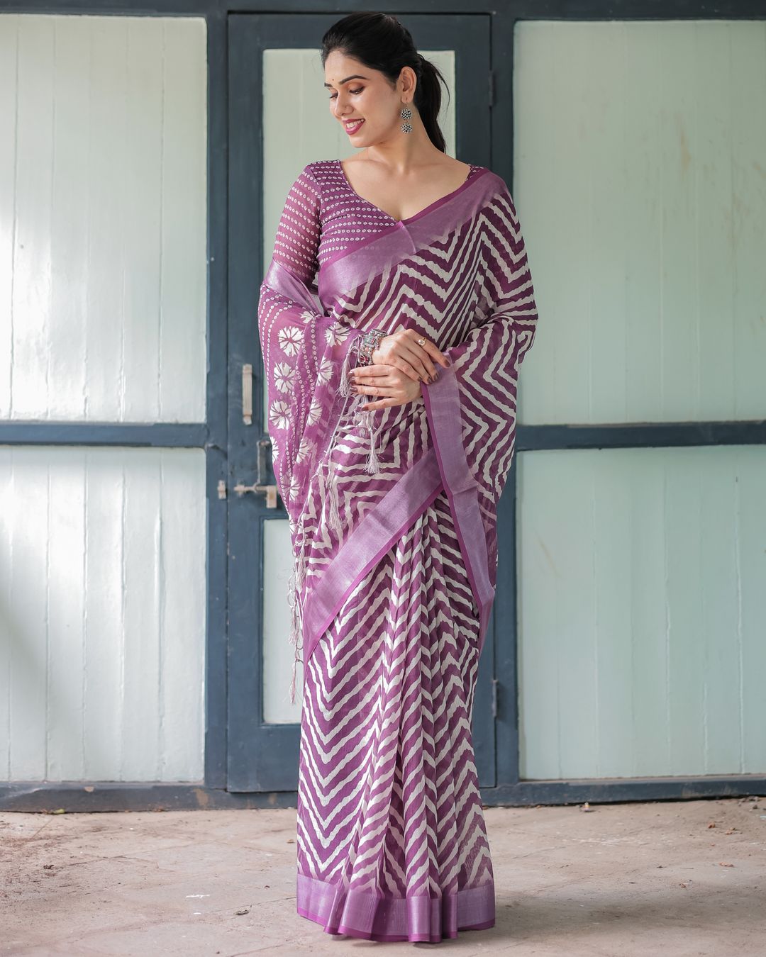 Plum Chevron Printed Linen Cotton Saree with Floral Pallu