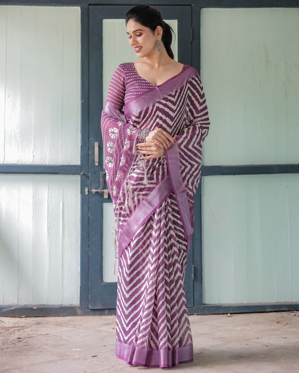 Plum Chevron Printed Linen Cotton Saree with Floral Pallu