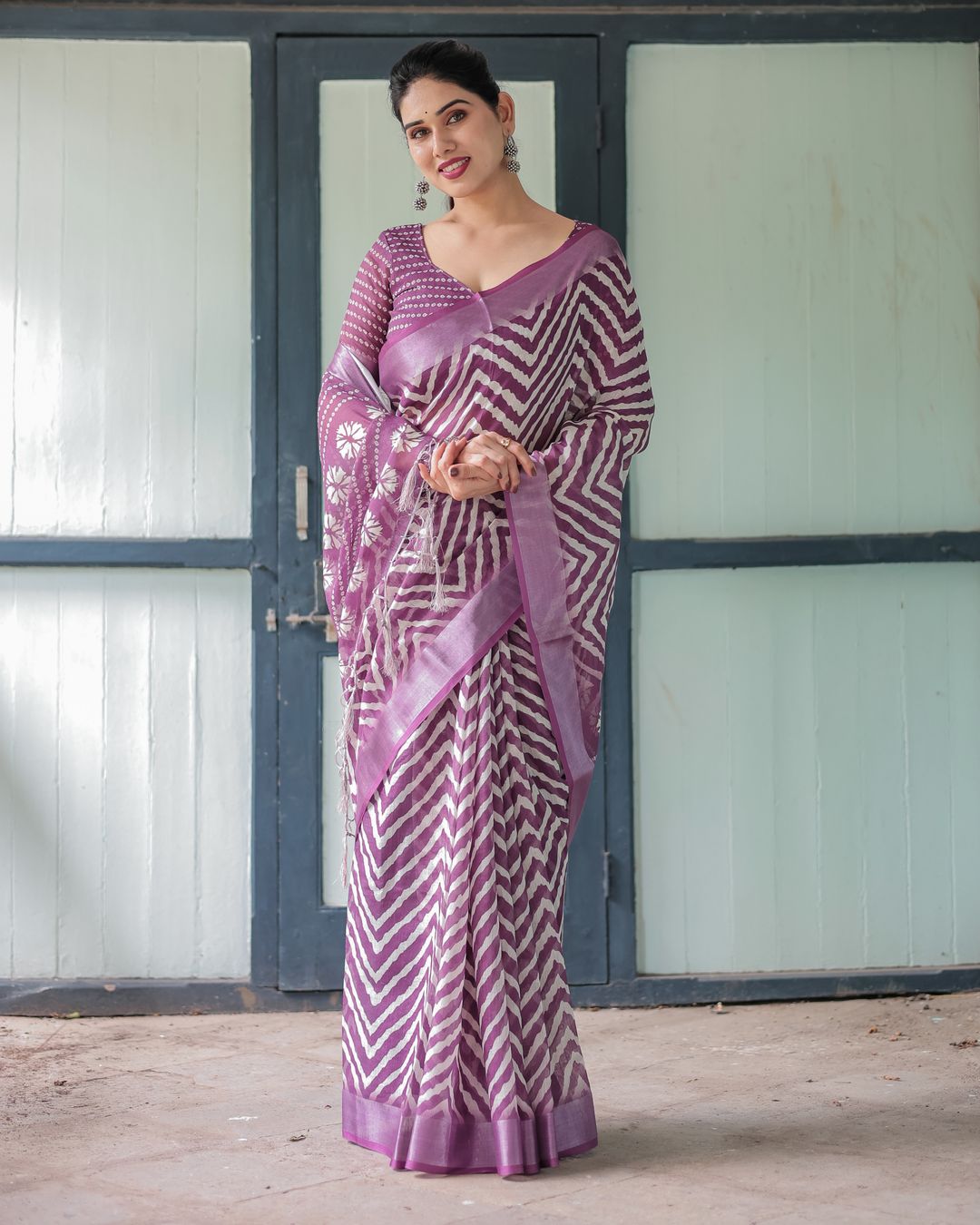 Plum Chevron Printed Linen Cotton Saree with Floral Pallu