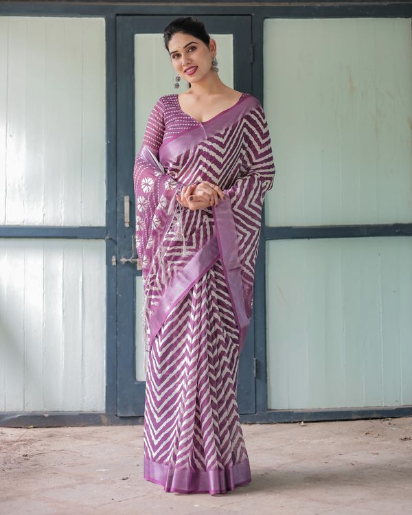 Plum Chevron Printed Linen Cotton Saree with Floral Pallu