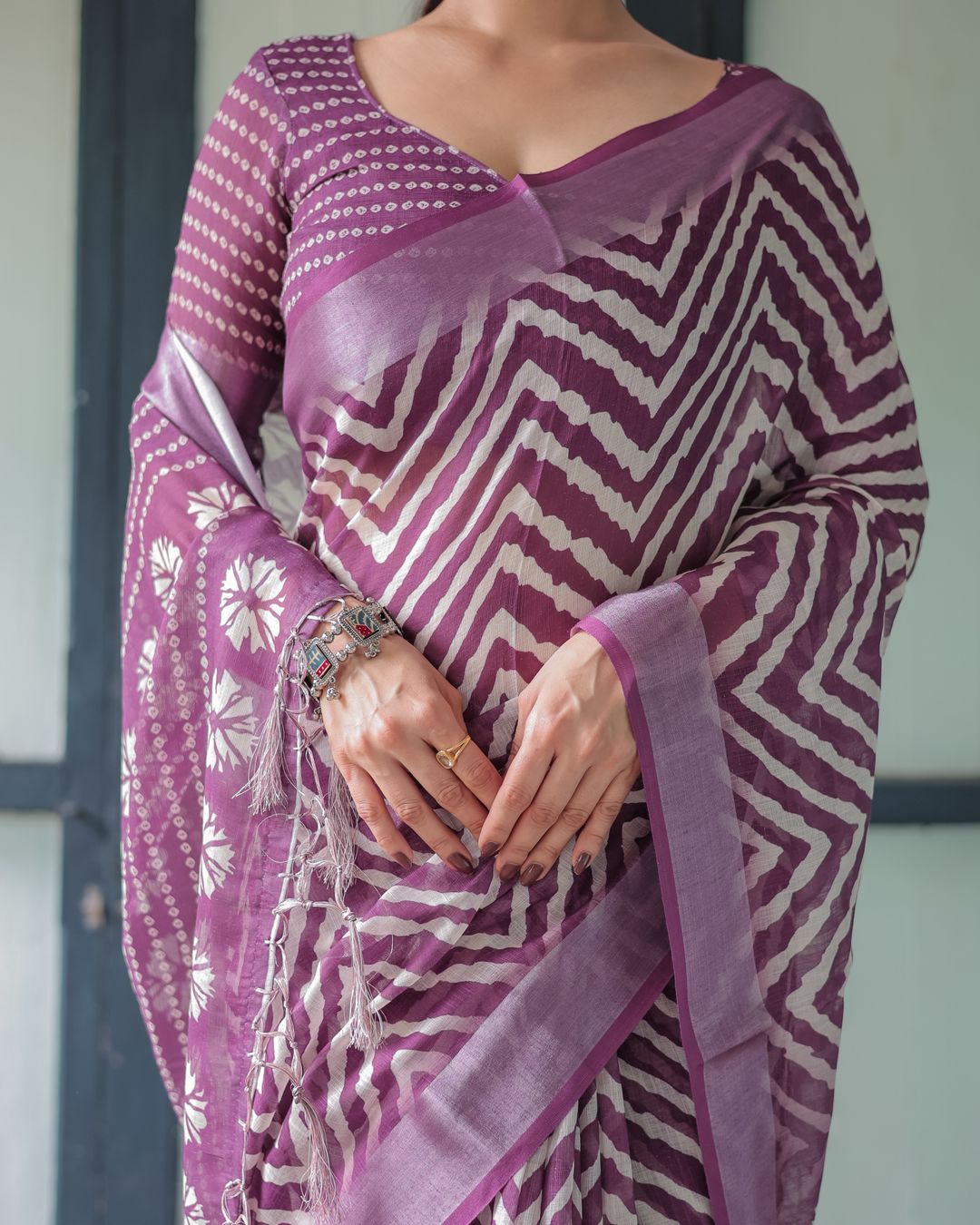 Plum Chevron Printed Linen Cotton Saree with Floral Pallu