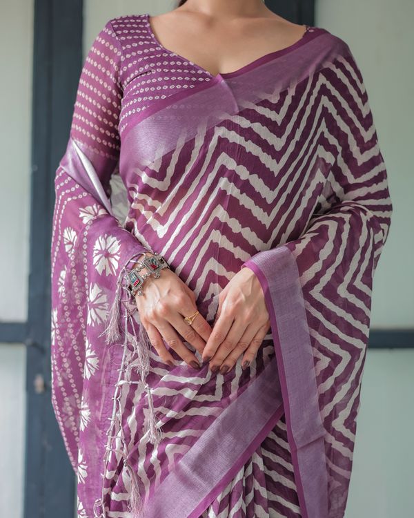 Plum Chevron Printed Linen Cotton Saree with Floral Pallu