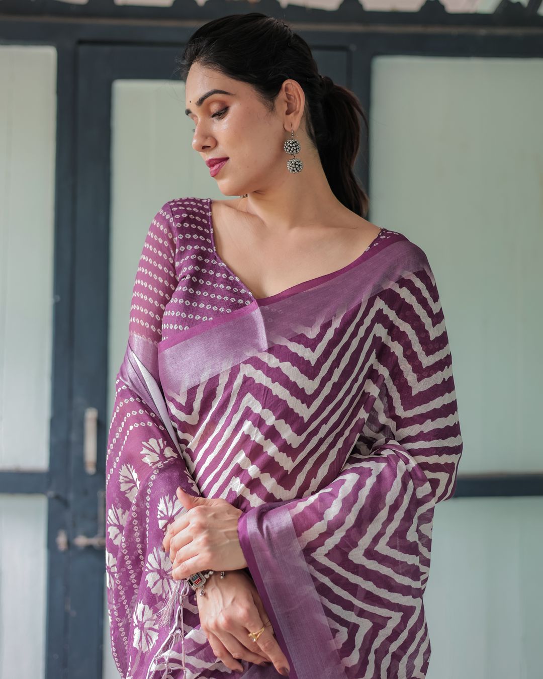 Plum Chevron Printed Linen Cotton Saree with Floral Pallu