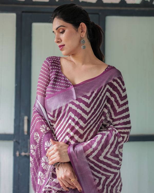 Plum Chevron Printed Linen Cotton Saree with Floral Pallu