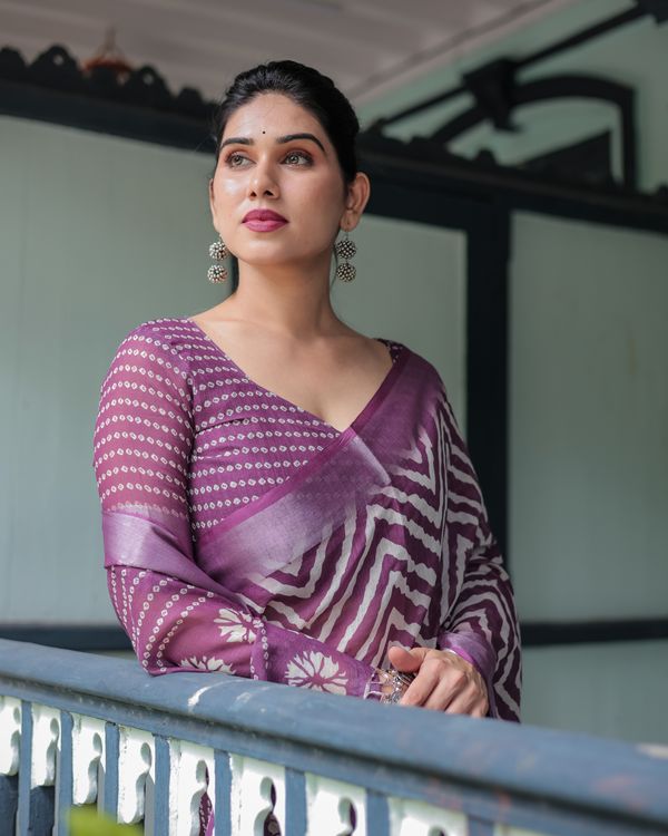 Plum Chevron Printed Linen Cotton Saree with Floral Pallu