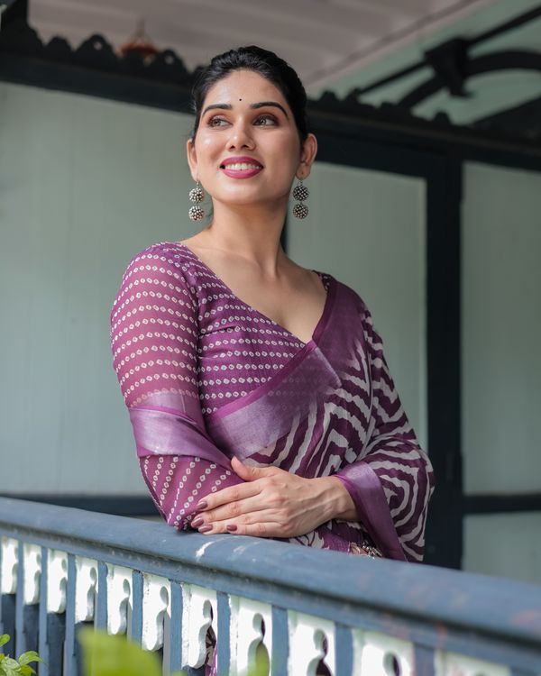 Plum Chevron Printed Linen Cotton Saree with Floral Pallu