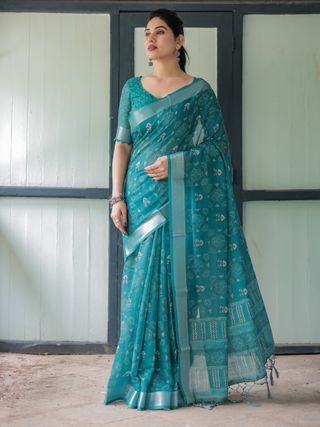 Teal Linen Cotton Printed Saree with Woven Border