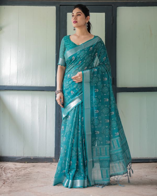 Teal Linen Cotton Printed Saree with Woven Border