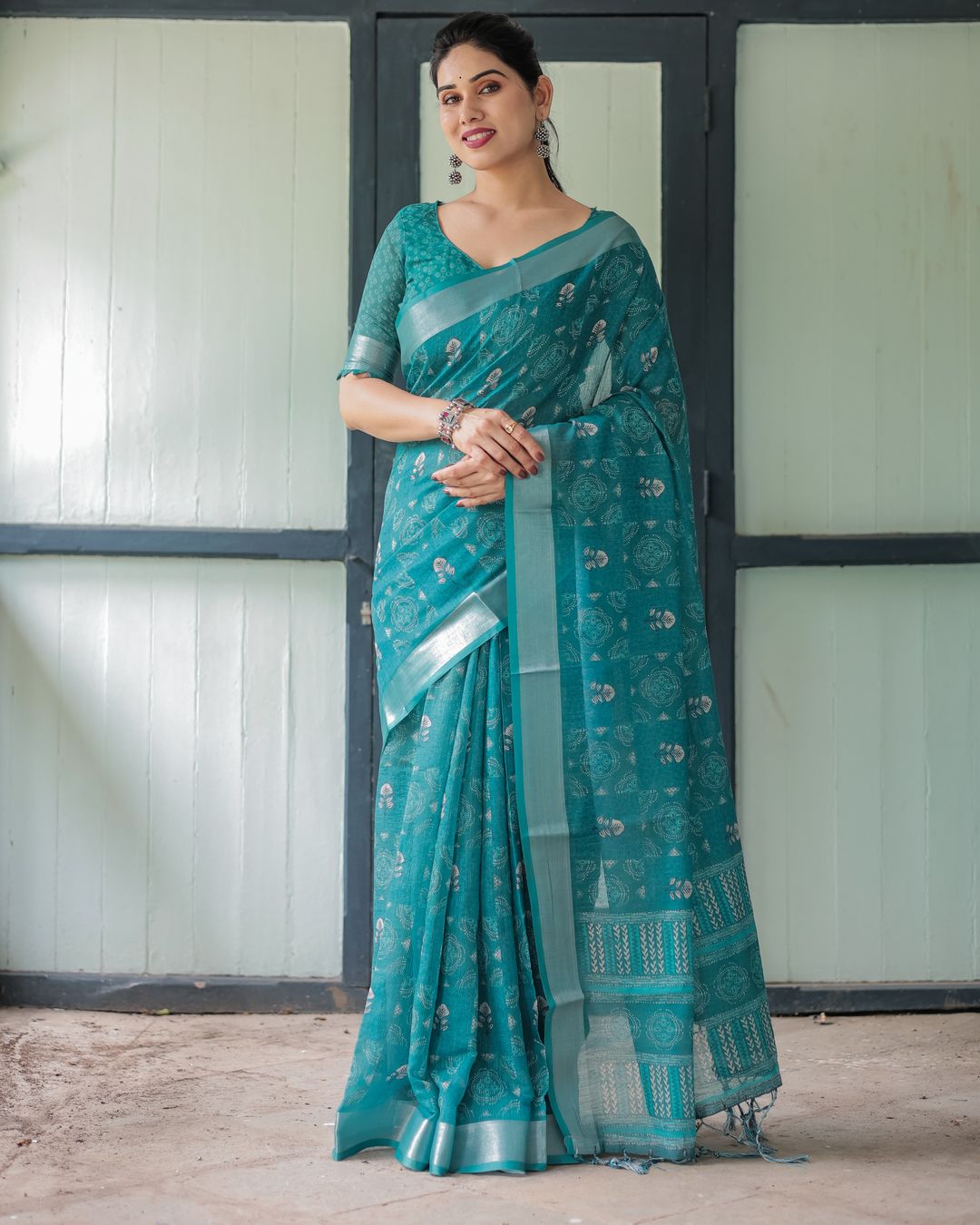 Teal Linen Cotton Printed Saree with Woven Border