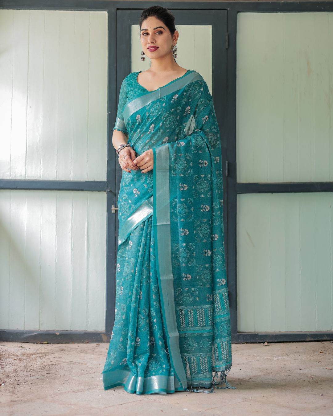 Teal Linen Cotton Printed Saree with Woven Border