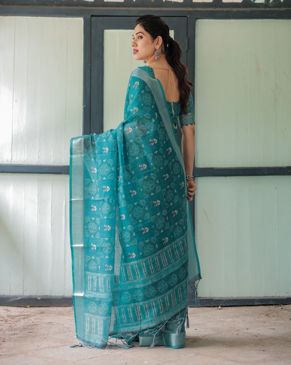 Teal Linen Cotton Printed Saree with Woven Border