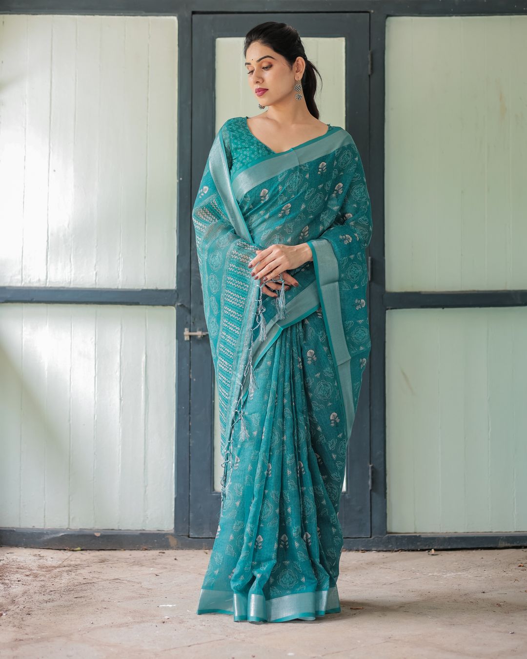 Teal Linen Cotton Printed Saree with Woven Border