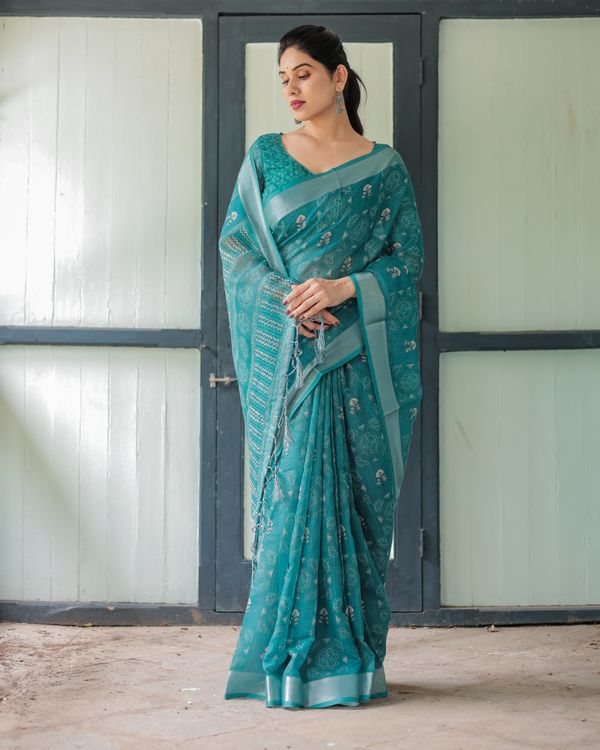 Teal Linen Cotton Printed Saree with Woven Border