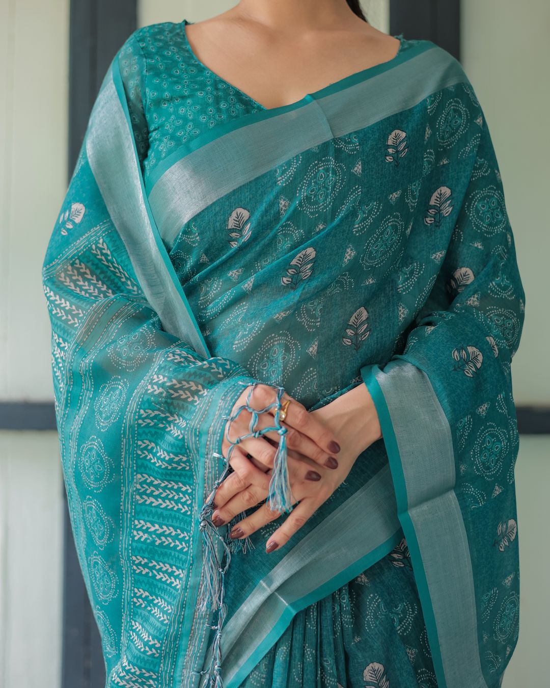 Teal Linen Cotton Printed Saree with Woven Border