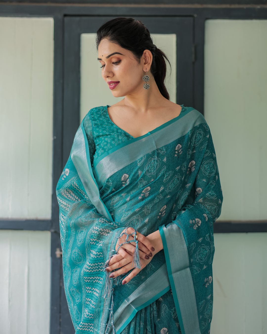 Teal Linen Cotton Printed Saree with Woven Border