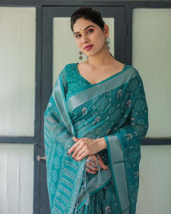 Teal Linen Cotton Printed Saree with Woven Border