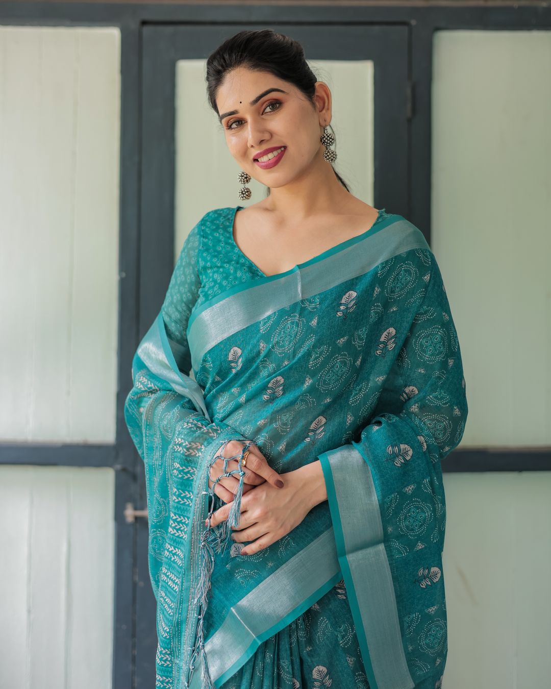 Teal Linen Cotton Printed Saree with Woven Border