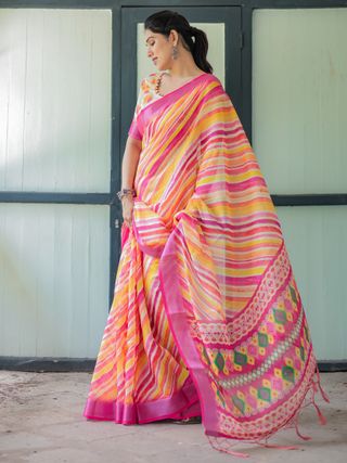 Multicolour Striped Linen Cotton Saree with Printed Pallu