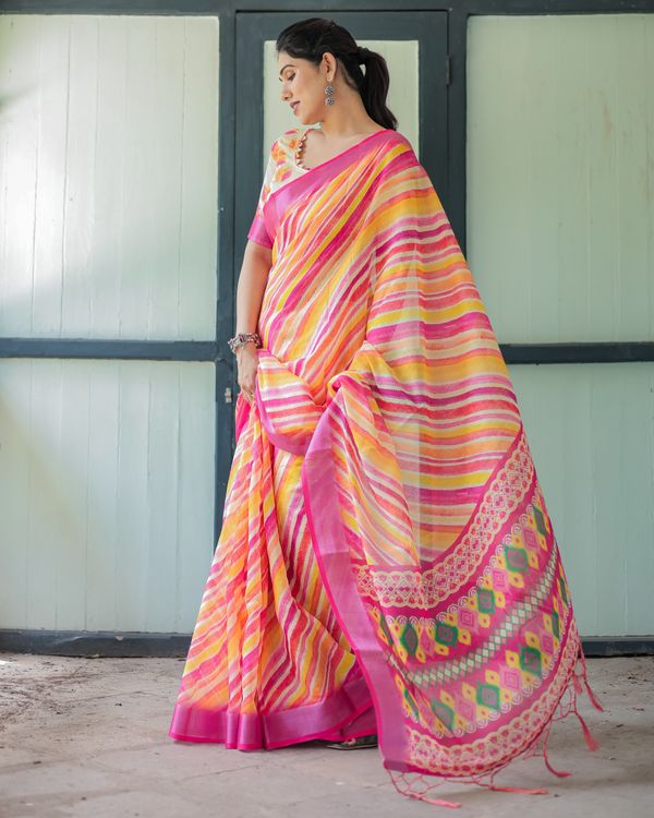Multicolour Striped Linen Cotton Saree with Printed Pallu