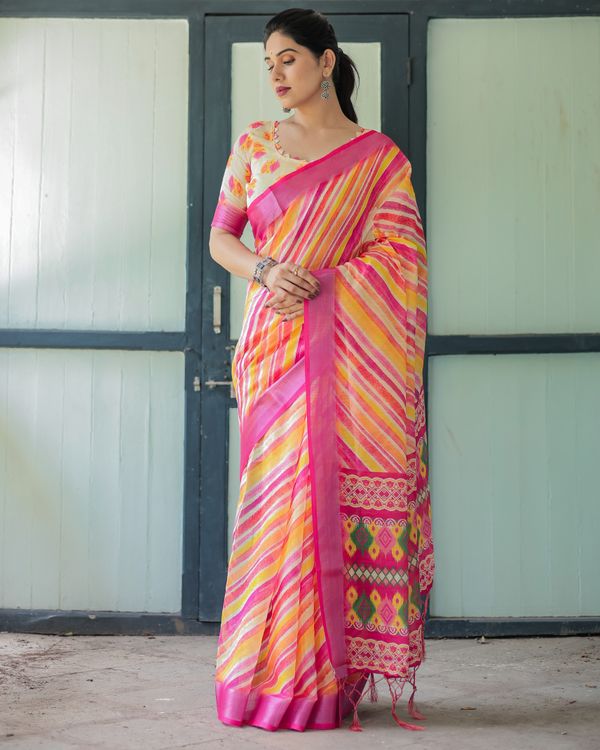 Multicolour Striped Linen Cotton Saree with Printed Pallu