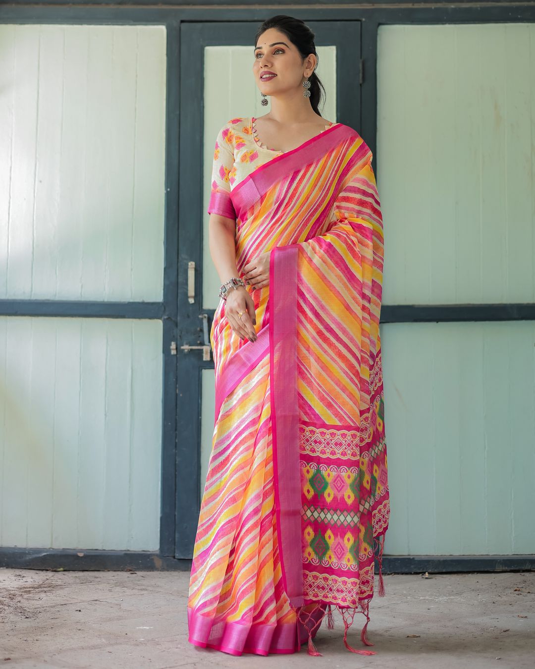 Multicolour Striped Linen Cotton Saree with Printed Pallu