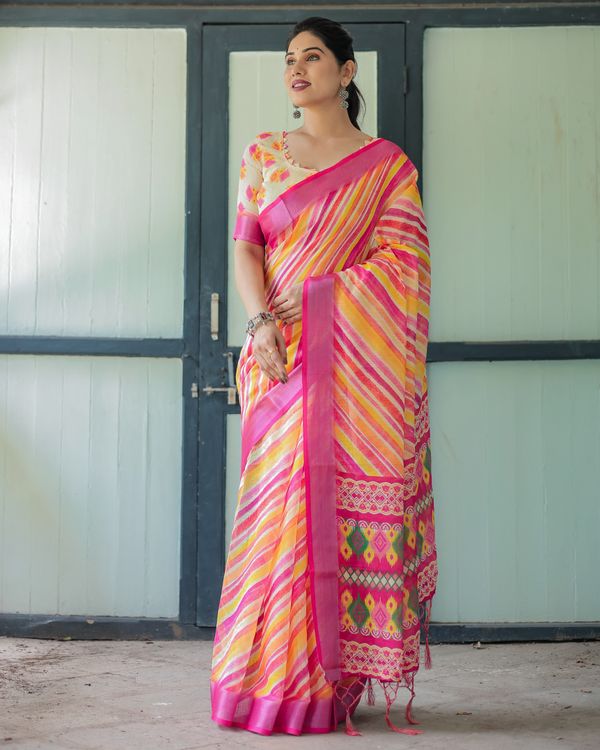 Multicolour Striped Linen Cotton Saree with Printed Pallu