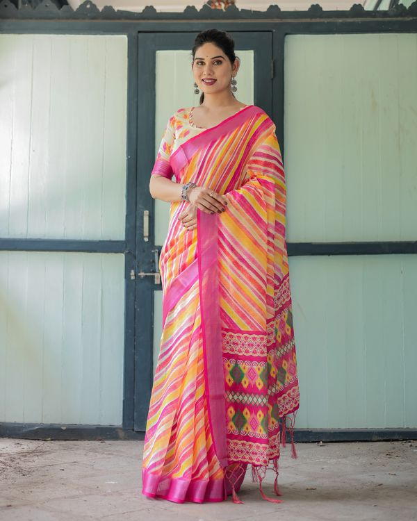 Multicolour Striped Linen Cotton Saree with Printed Pallu