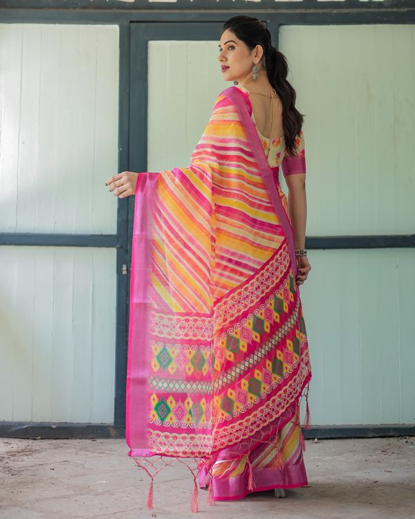 Multicolour Striped Linen Cotton Saree with Printed Pallu