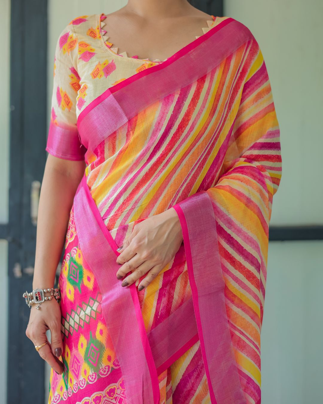Multicolour Striped Linen Cotton Saree with Printed Pallu