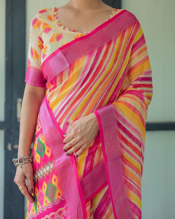 Multicolour Striped Linen Cotton Saree with Printed Pallu