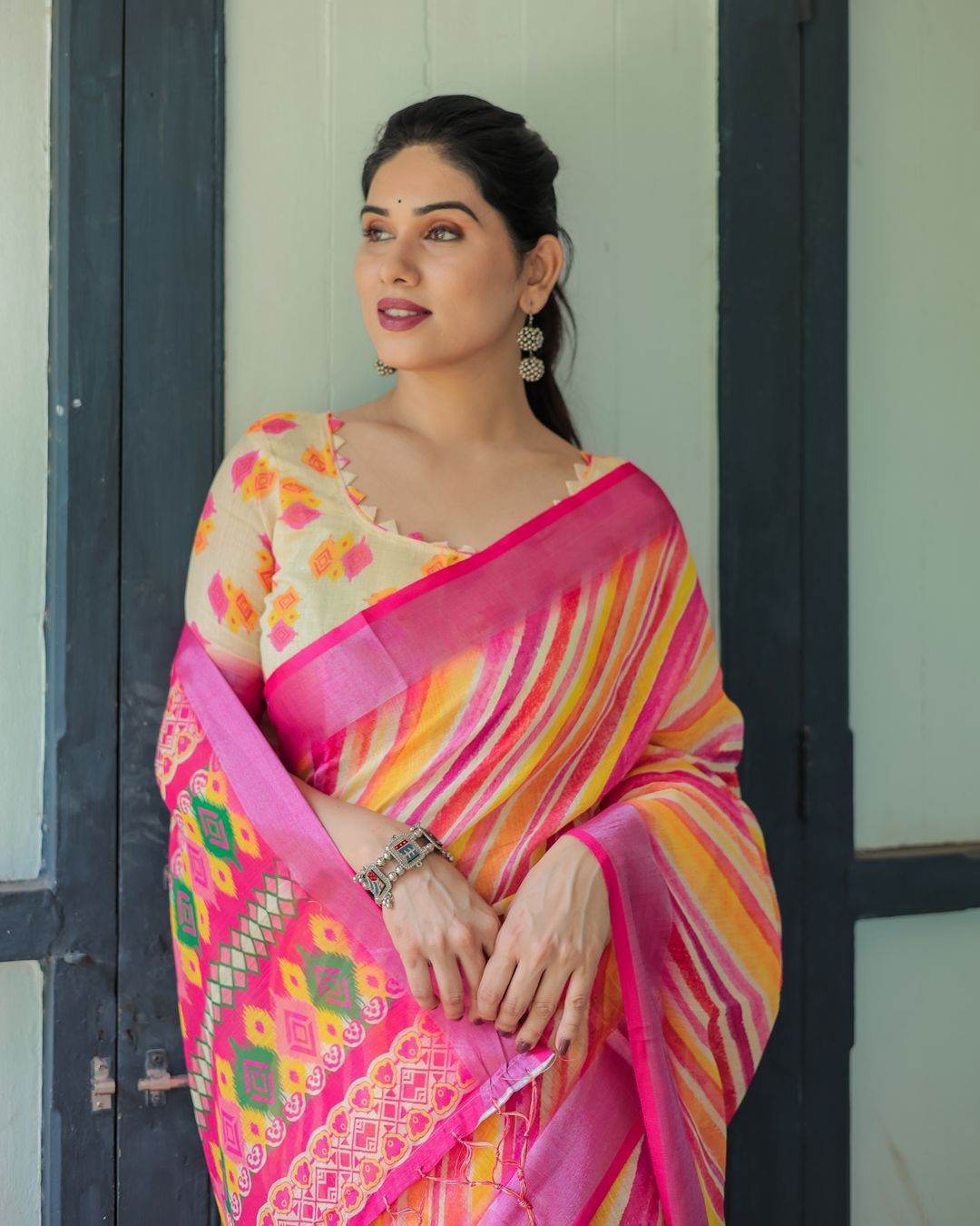 Multicolour Striped Linen Cotton Saree with Printed Pallu