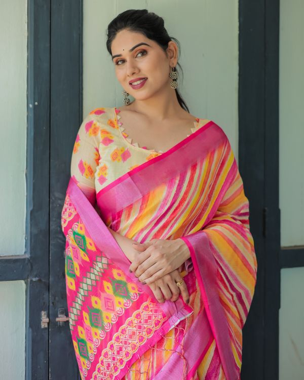 Multicolour Striped Linen Cotton Saree with Printed Pallu