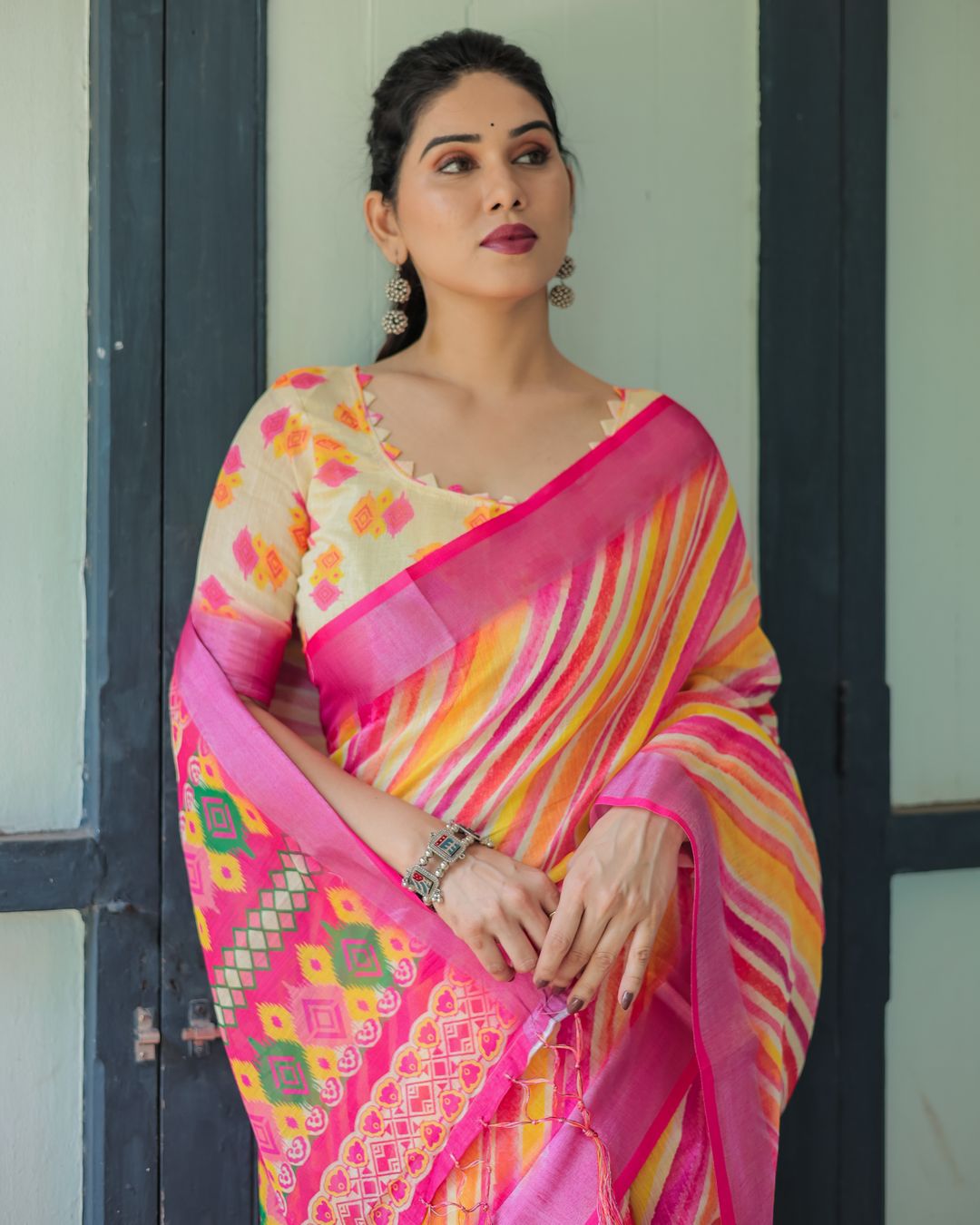 Multicolour Striped Linen Cotton Saree with Printed Pallu