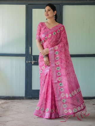 Pink Printed Linen Cotton Saree with Floral Motifs