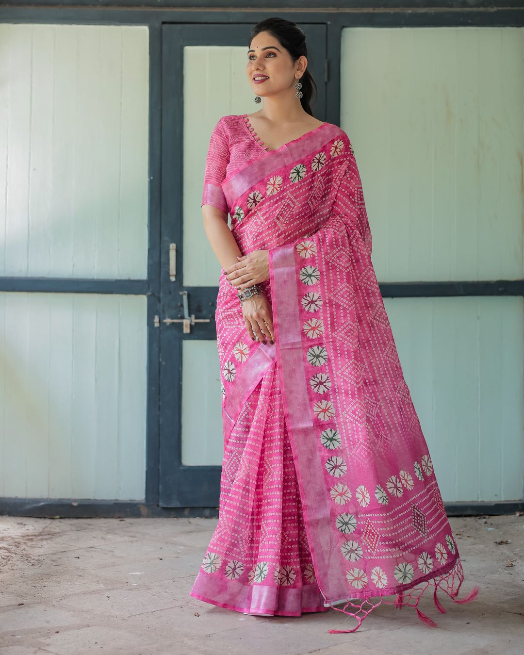 Pink Printed Linen Cotton Saree with Floral Motifs