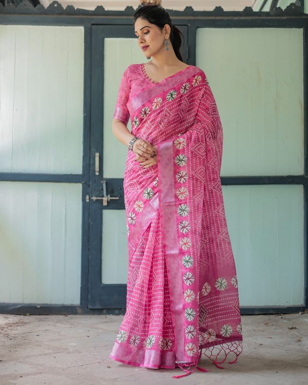 Pink Printed Linen Cotton Saree with Floral Motifs