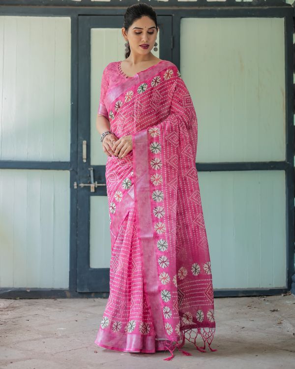 Pink Printed Linen Cotton Saree with Floral Motifs