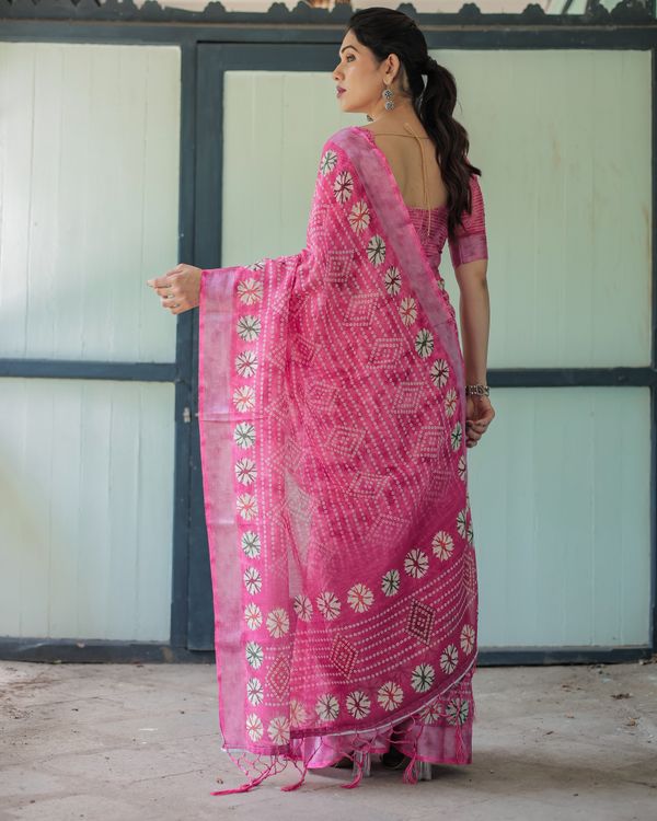 Pink Printed Linen Cotton Saree with Floral Motifs