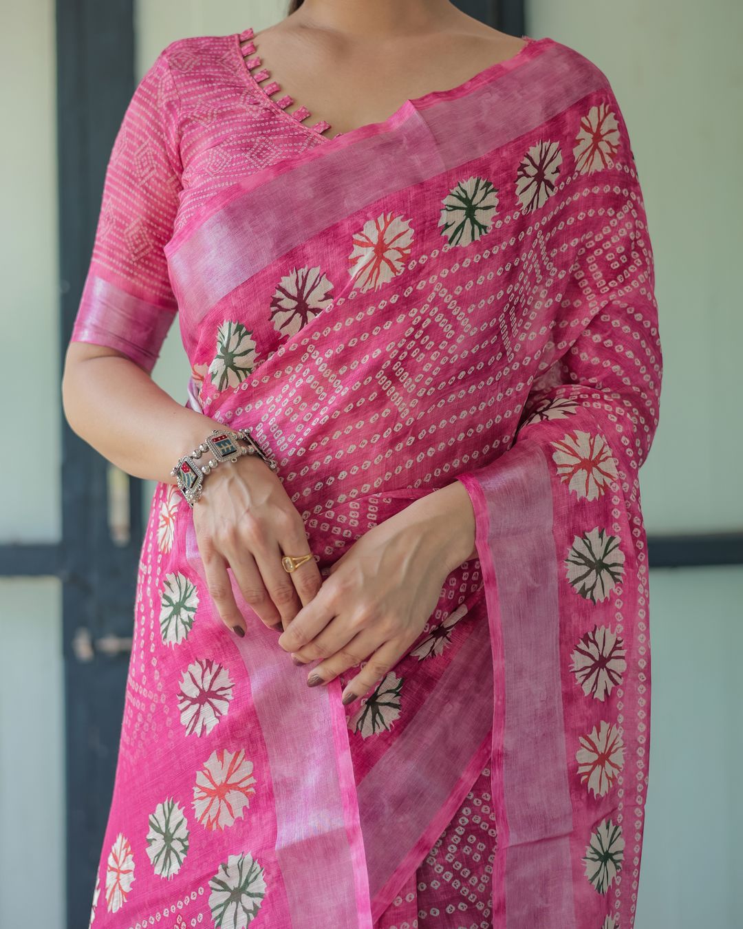 Pink Printed Linen Cotton Saree with Floral Motifs