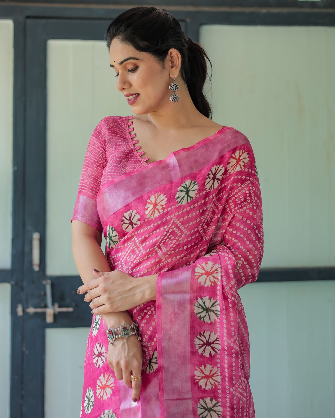 Pink Printed Linen Cotton Saree with Floral Motifs