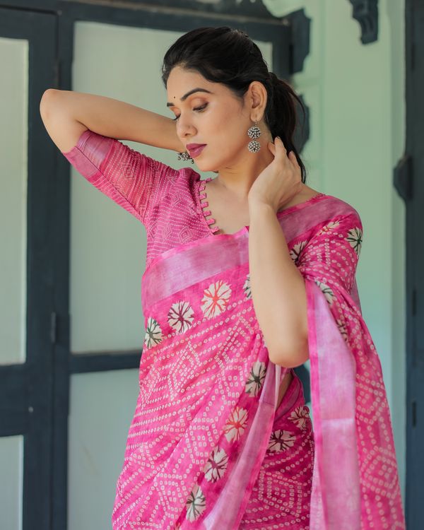 Pink Printed Linen Cotton Saree with Floral Motifs