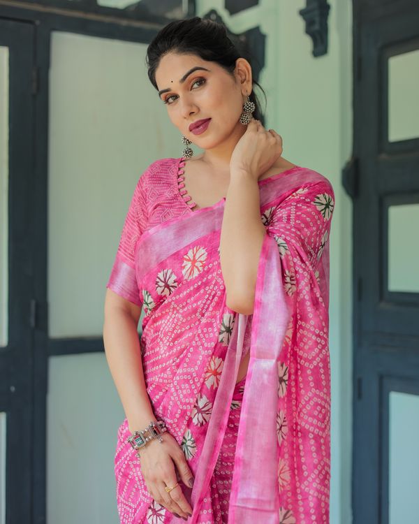 Pink Printed Linen Cotton Saree with Floral Motifs