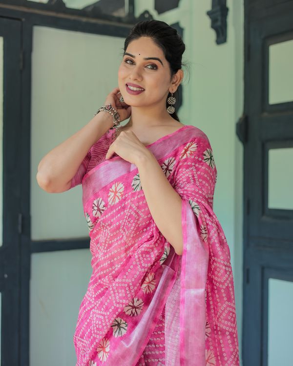 Pink Printed Linen Cotton Saree with Floral Motifs